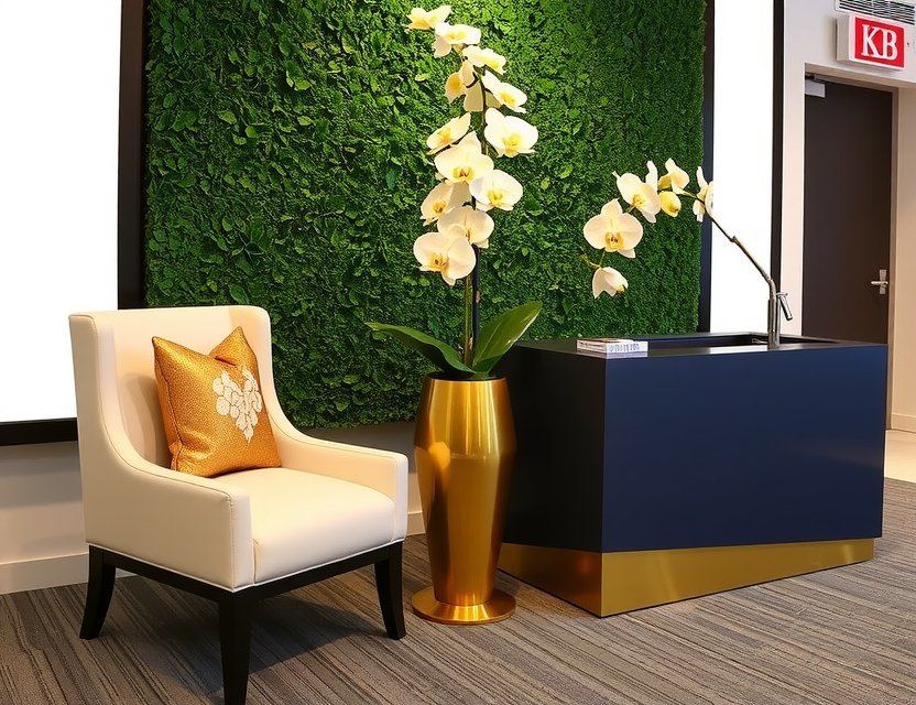 Modern lobby installation with evergreen motifs
