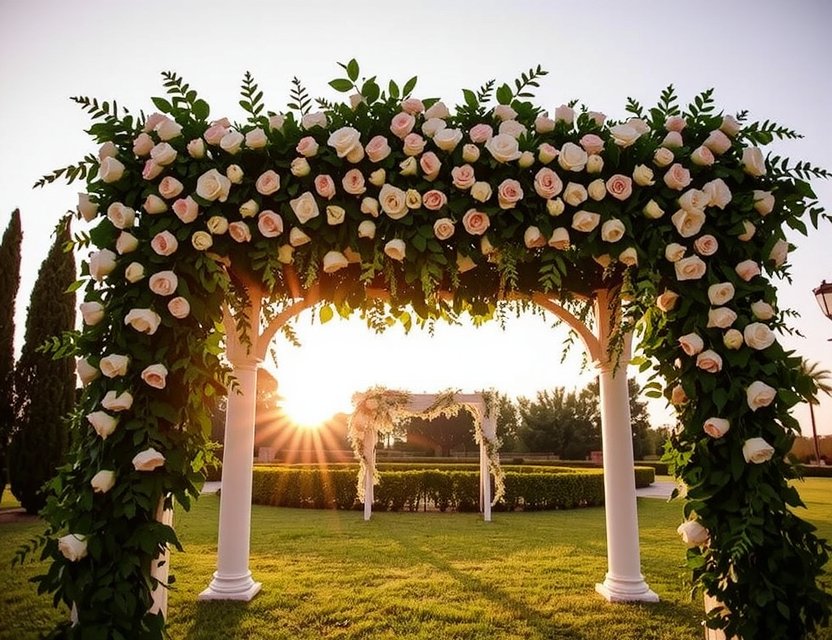 Opulent wedding arch with cascading blooms in emerald and gold