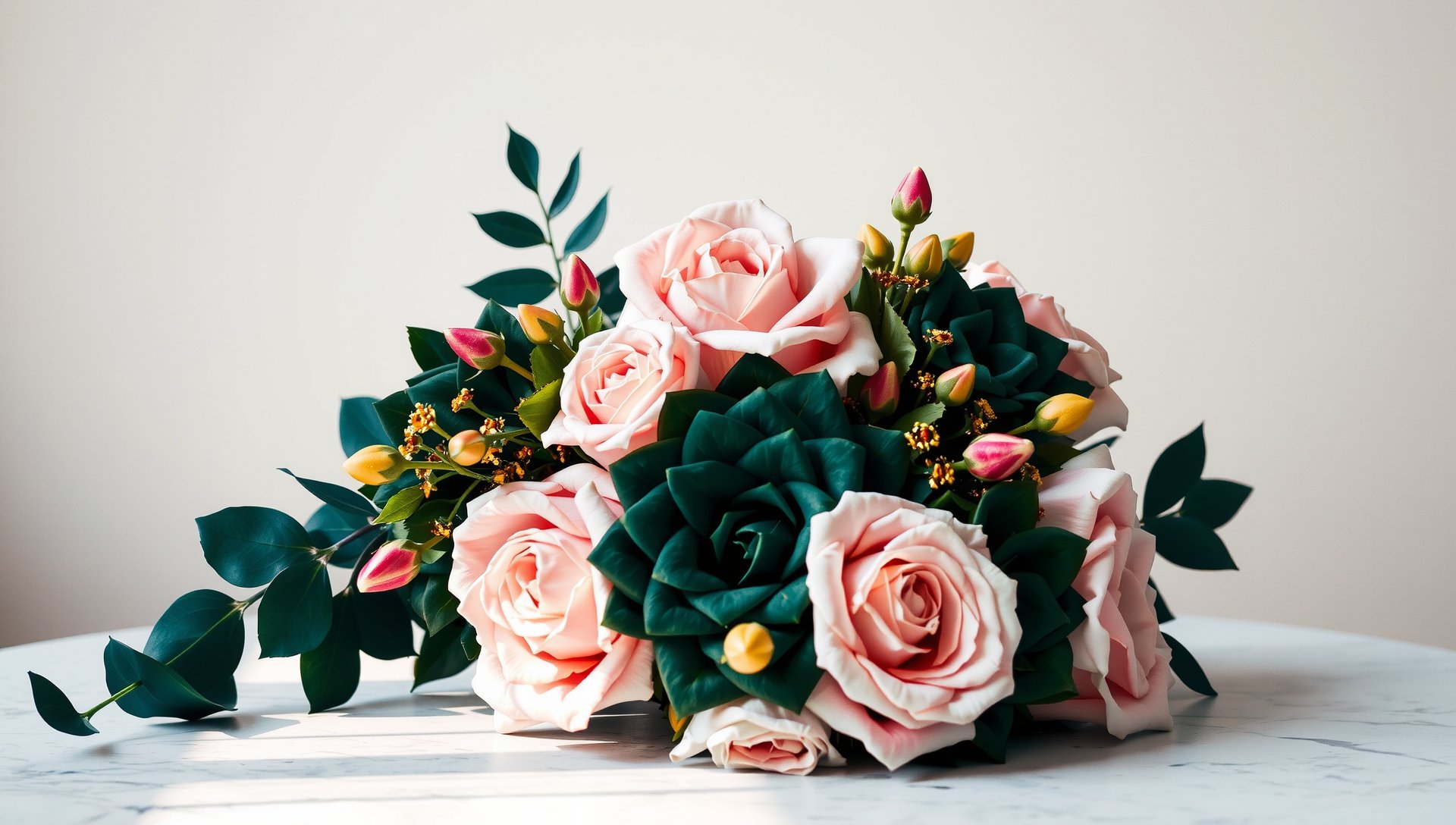 Stunning bespoke floral arrangement in emerald and blush tones, showcasing botanical artistry