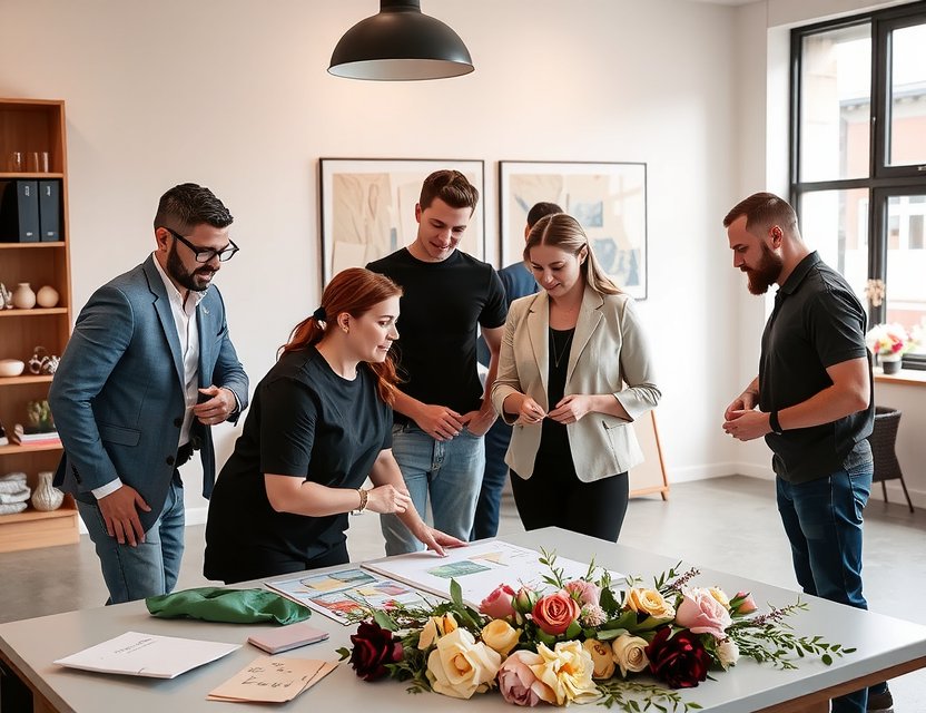 Team consultation with floral mood board